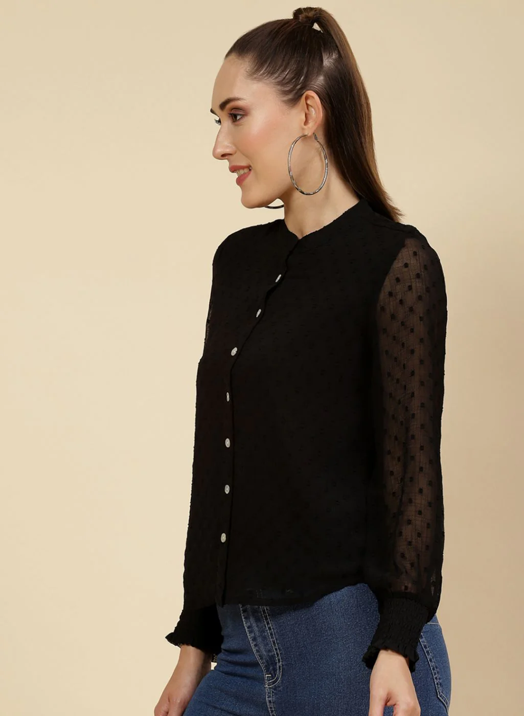 Women Black Self Design Top - Image 3