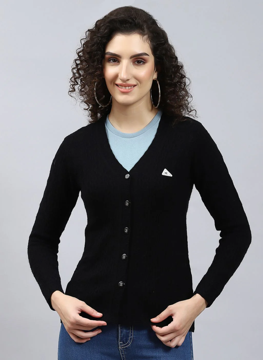 Women Black Self Design Wool blend Cardigan - Image 2