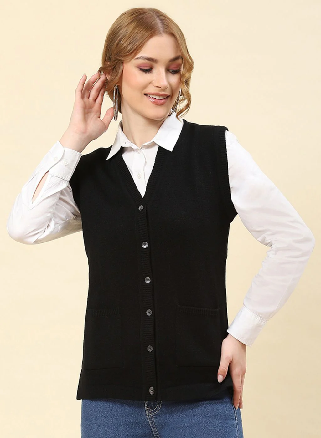 Women Black Solid Blend wool Cardigan - Image 2