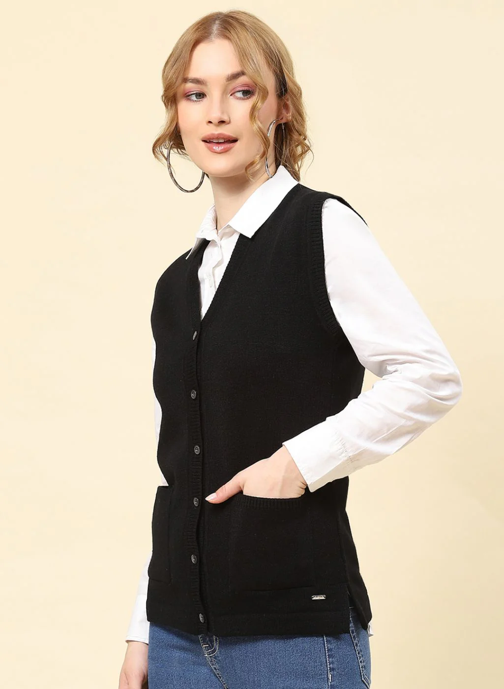 Women Black Solid Blend wool Cardigan - Image 3