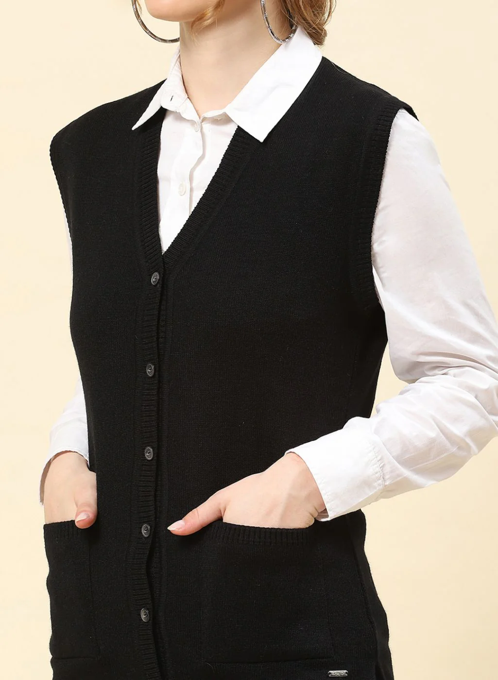 Women Black Solid Blend wool Cardigan - Image 6