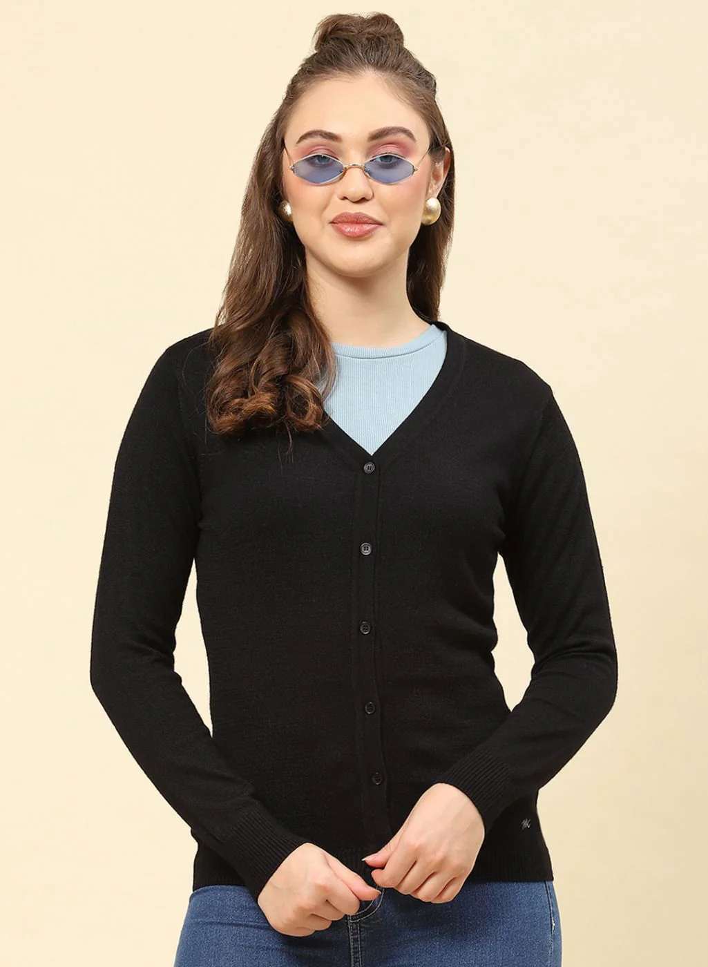Women Black Solid Modal Nylone Cardigan - Image 2