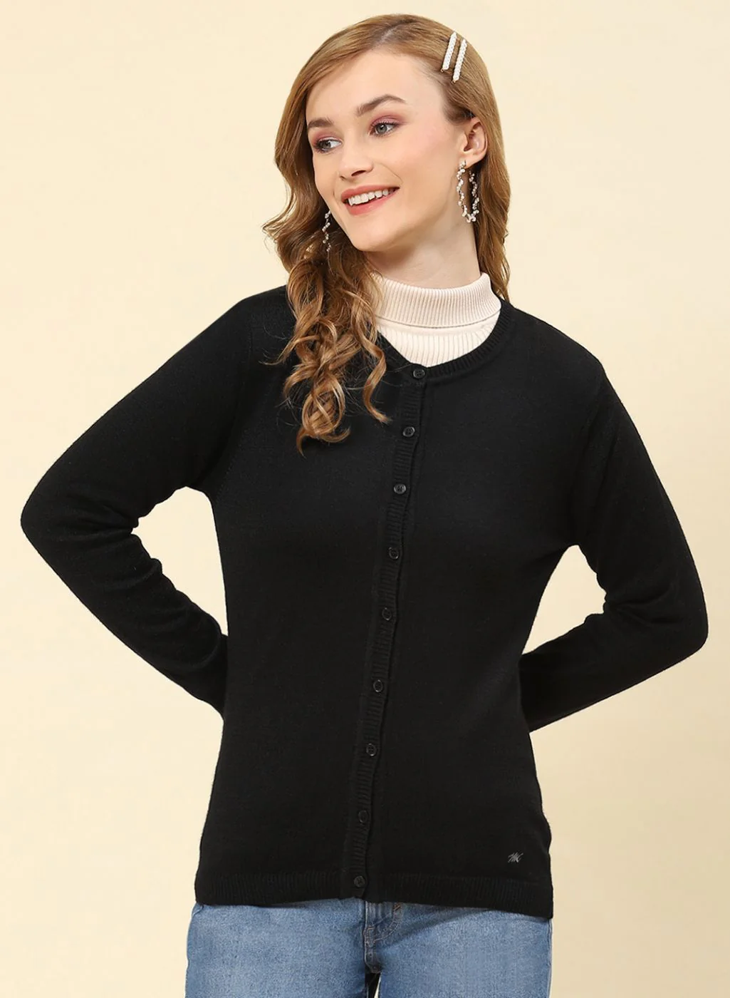 Women Black Solid Modal Nylone Cardigan - Image 2