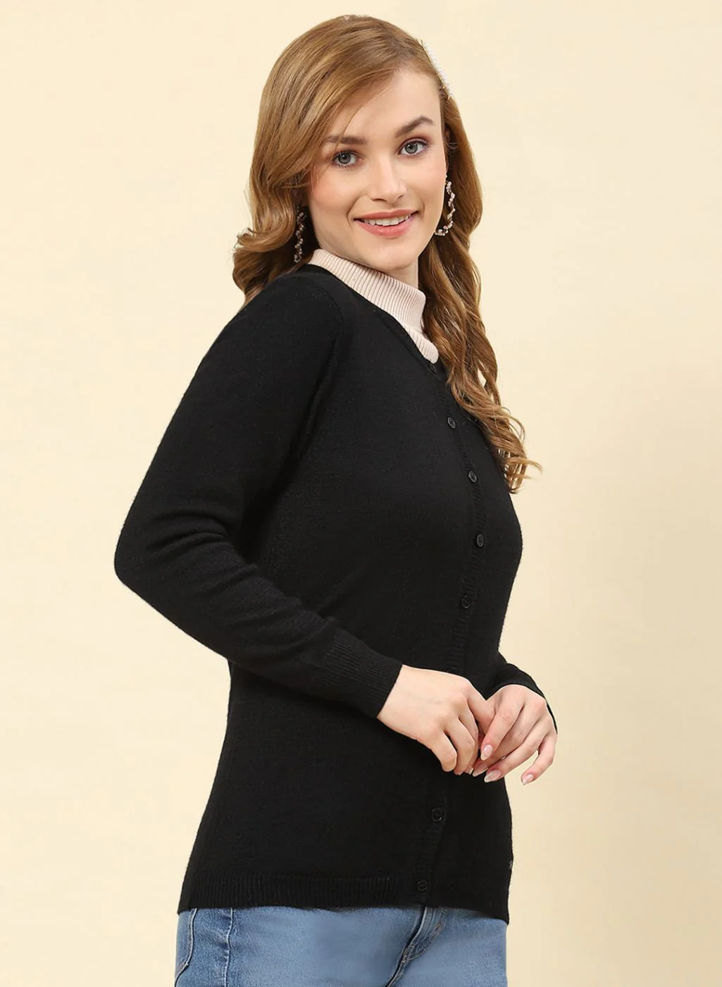 Women Black Solid Modal Nylone Cardigan - Image 4
