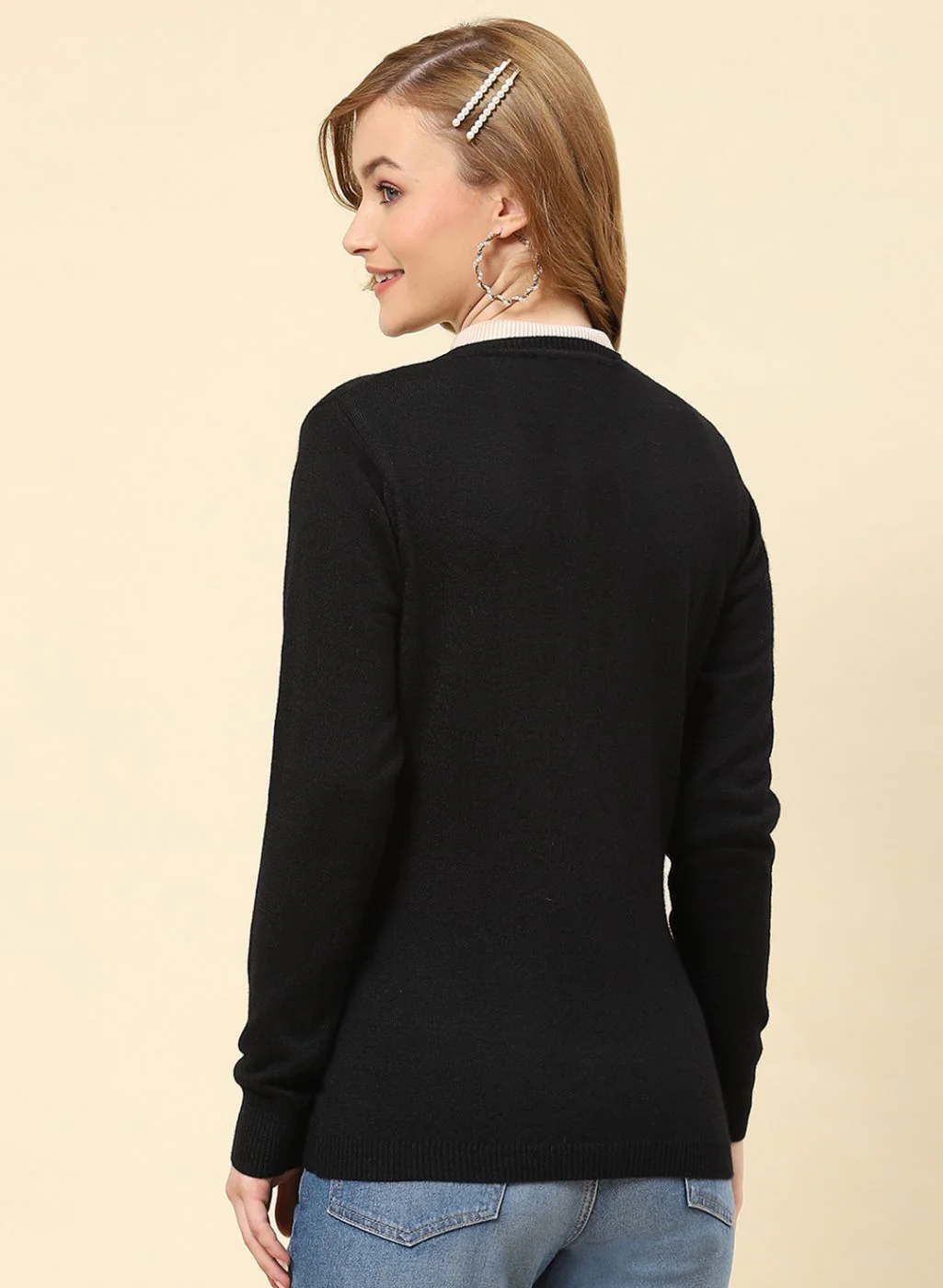 Women Black Solid Modal Nylone Cardigan - Image 5