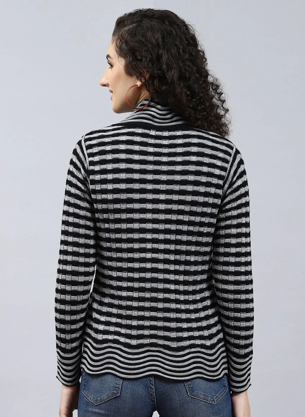 Women Black Stripe Wool blend Cardigan - Image 5