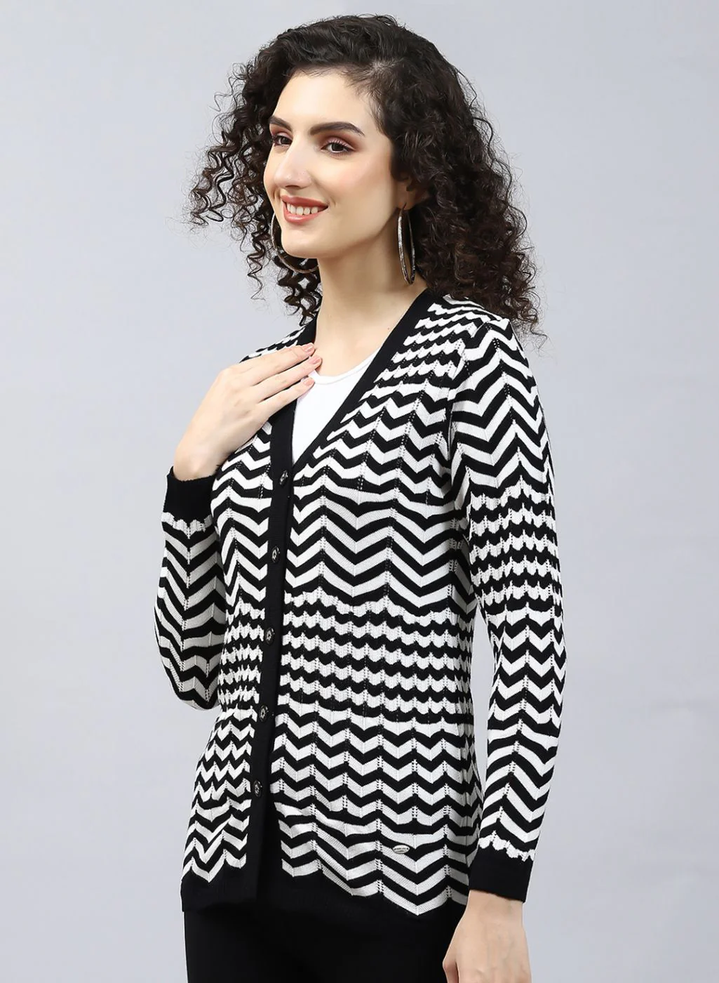 Women Black Stripe Wool blend Cardigan - Image 3