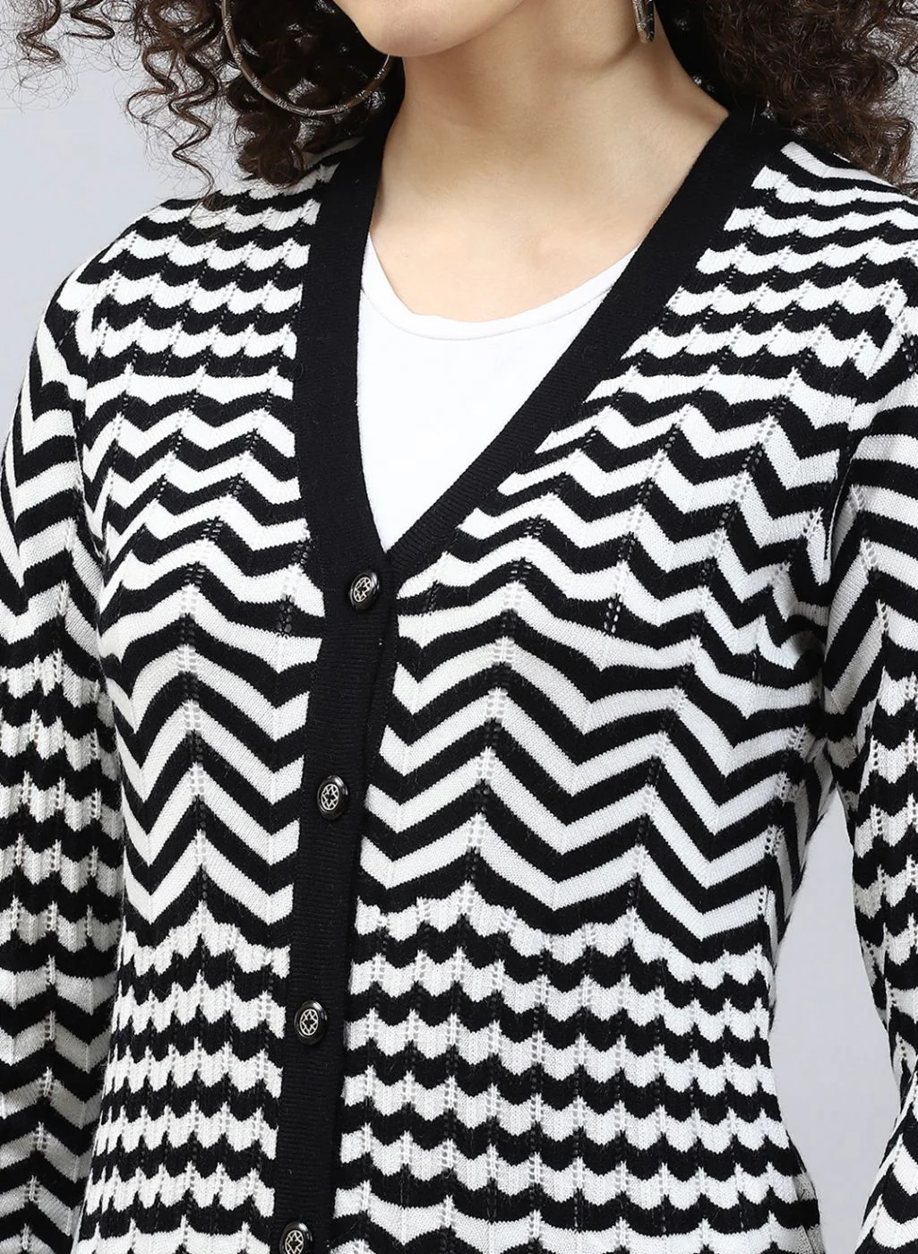 Women Black Stripe Wool blend Cardigan - Image 6