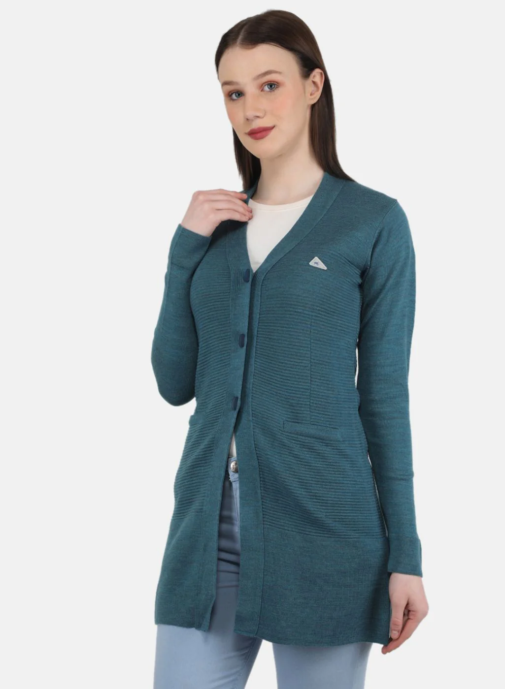 Women Blue Self Design Cardigan - Image 2