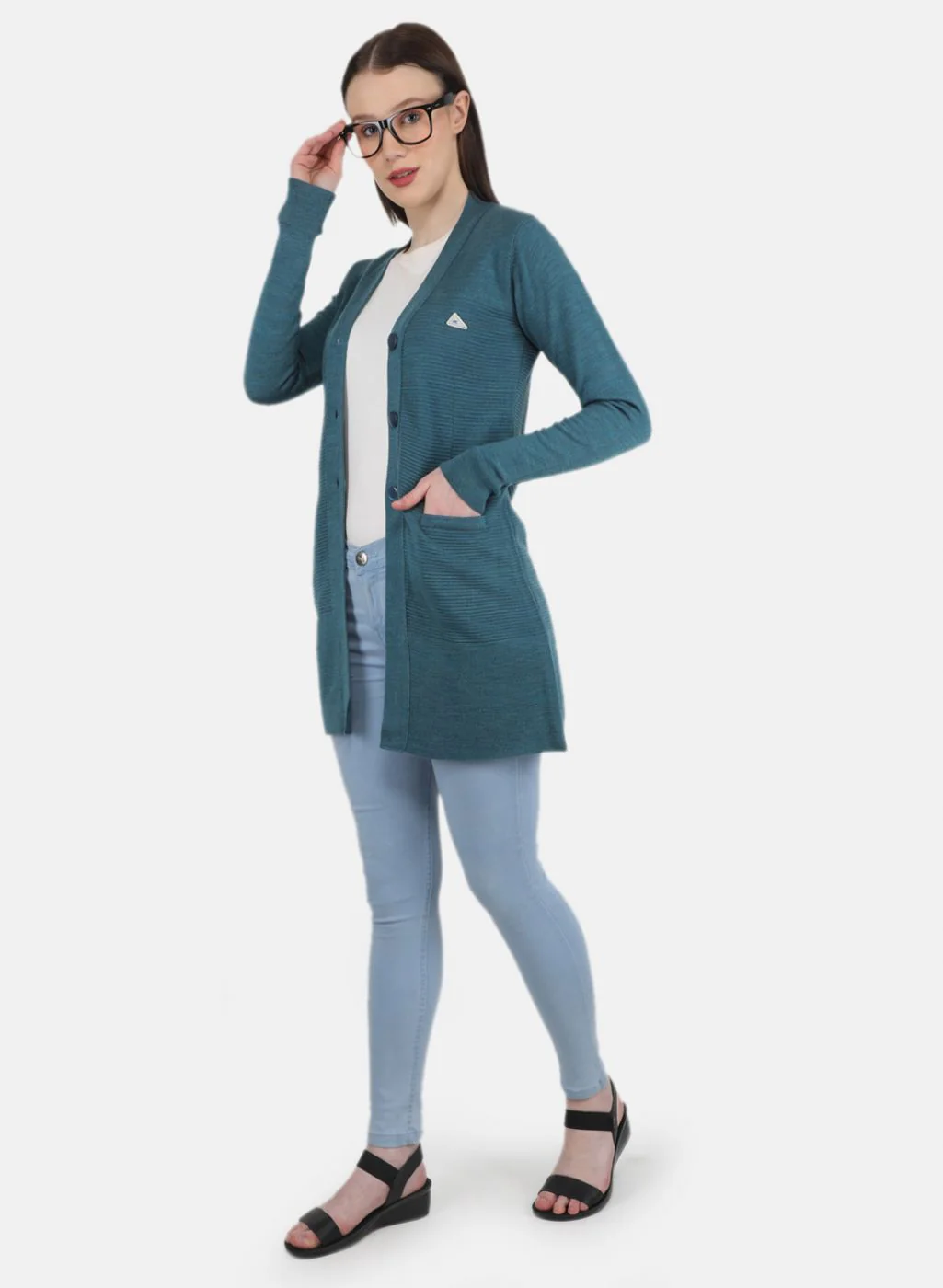 Women Blue Self Design Cardigan - Image 4