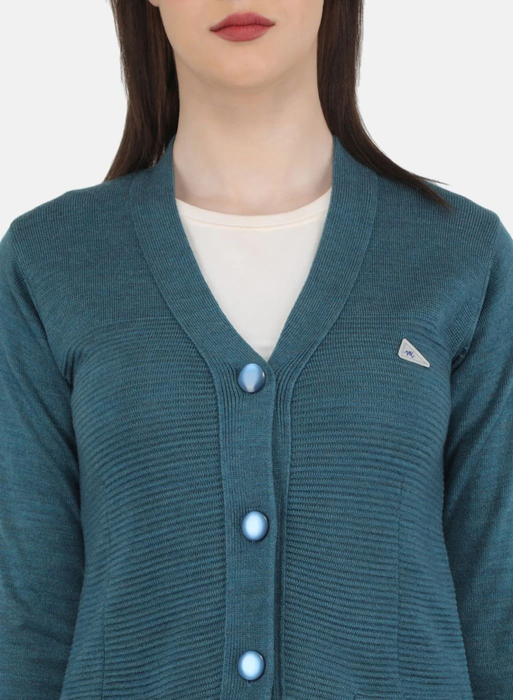 Women Blue Self Design Cardigan - Image 5