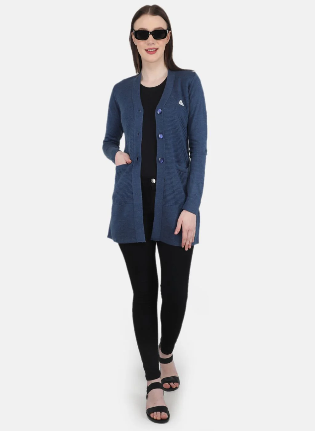 Women Blue Self Design Cardigan - Image 4