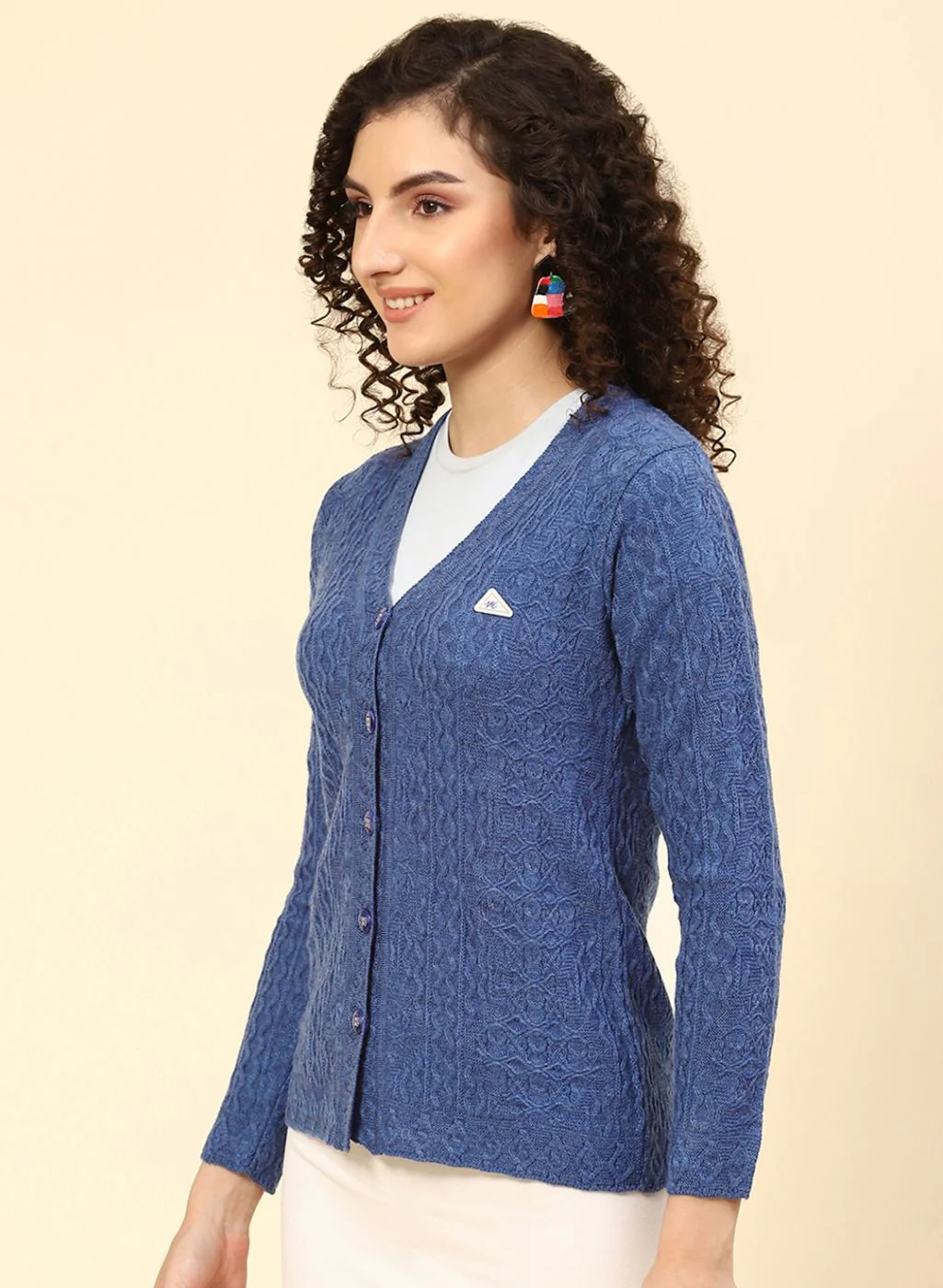 Women Blue Self Design Wool blend Cardigan - Image 3