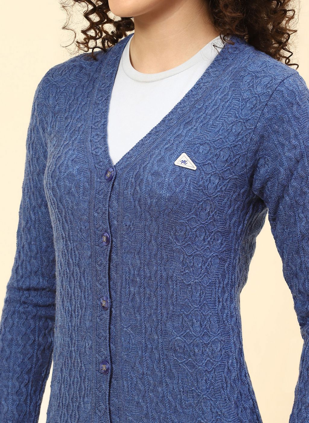 Women Blue Self Design Wool blend Cardigan - Image 6