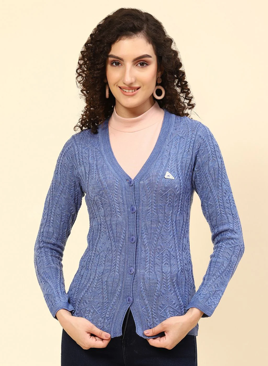 Women Blue Self Design Wool blend Cardigan - Image 2