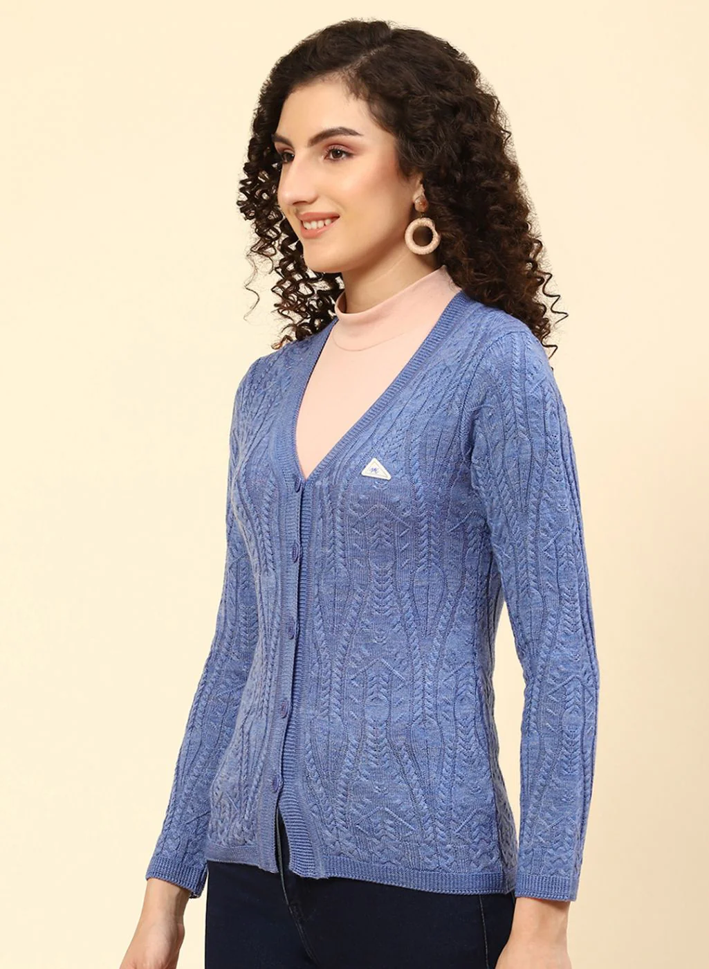 Women Blue Self Design Wool blend Cardigan - Image 3