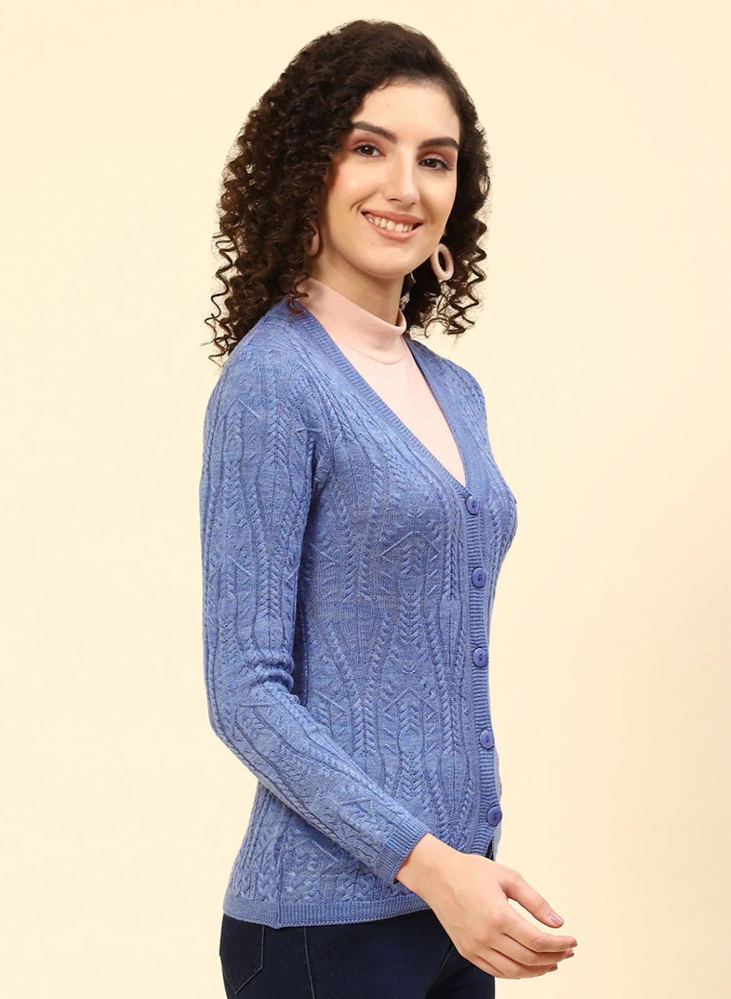 Women Blue Self Design Wool blend Cardigan - Image 4