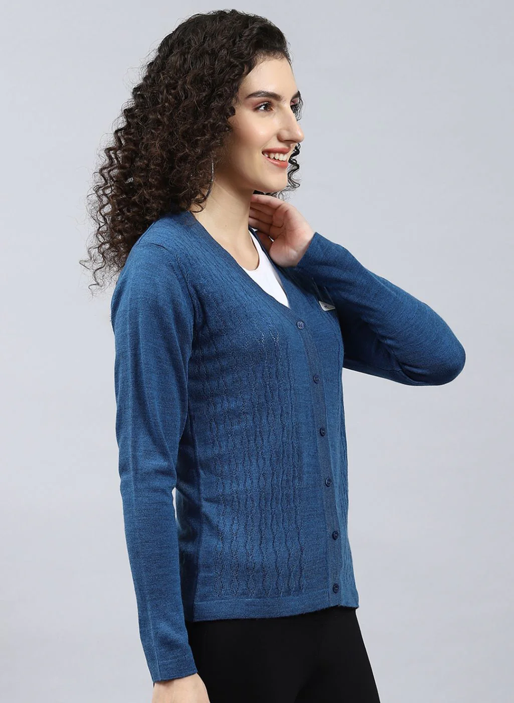Women Blue Self Design Wool blend Cardigan - Image 4
