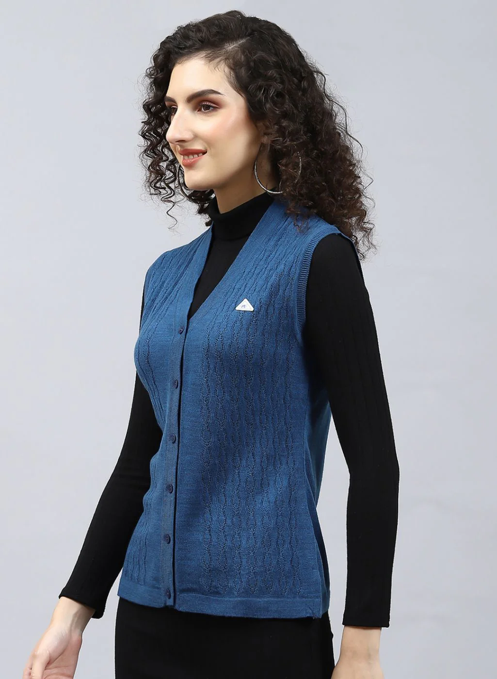 Women Blue Self Design Wool blend Cardigan - Image 3