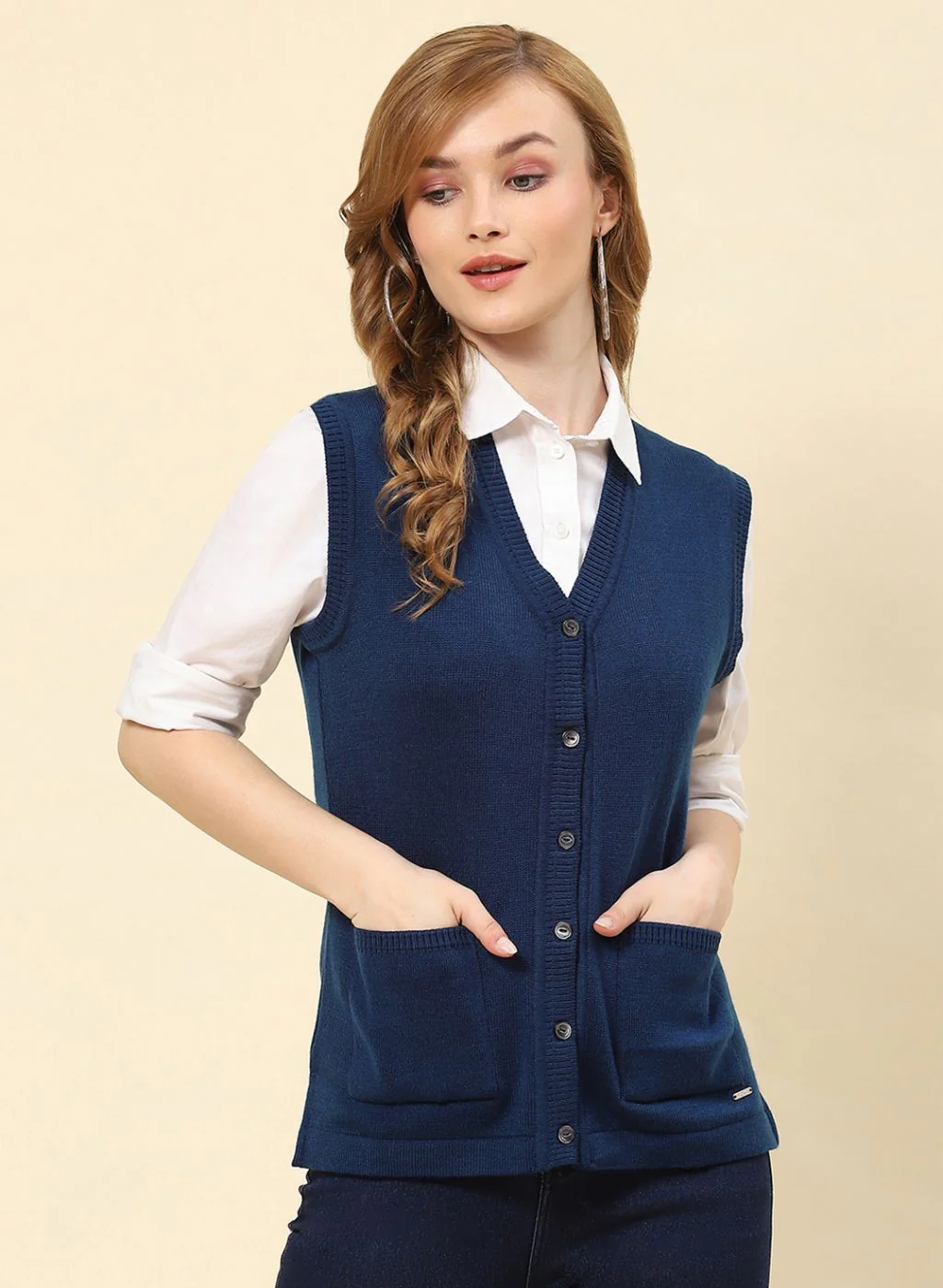 Women Blue Solid Blend wool Cardigan - Image 2