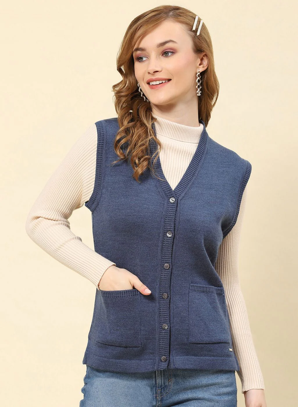 Women Blue Solid Blend wool Cardigan - Image 2