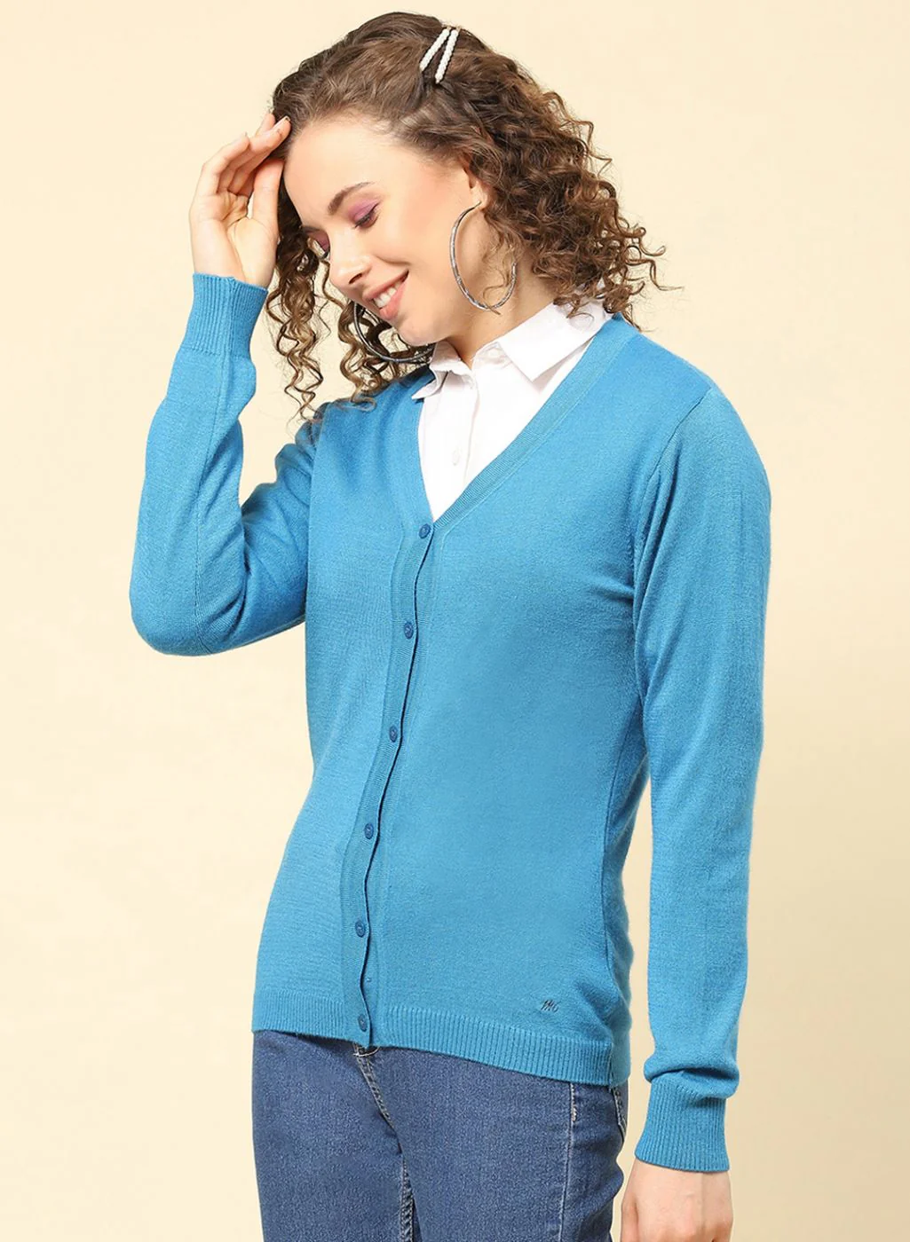 Women Blue Solid Modal Nylone Cardigan - Image 3