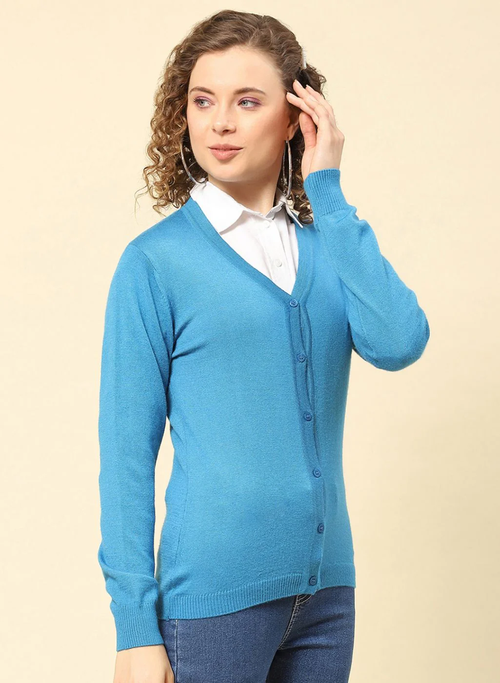 Women Blue Solid Modal Nylone Cardigan - Image 4