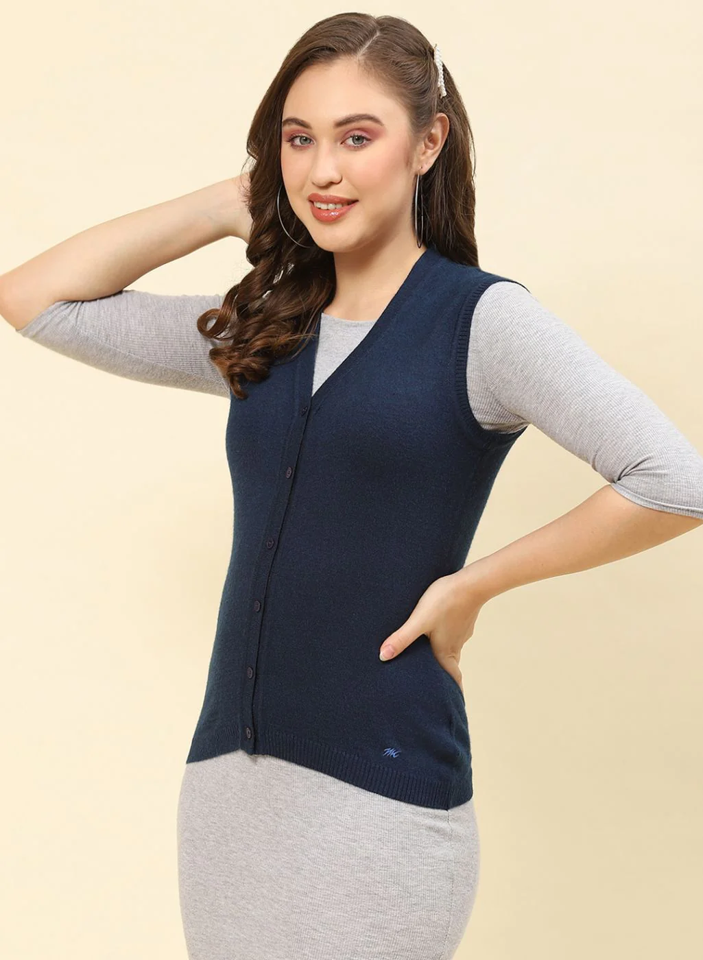 Women Blue Solid Modal Nylone Cardigan - Image 3