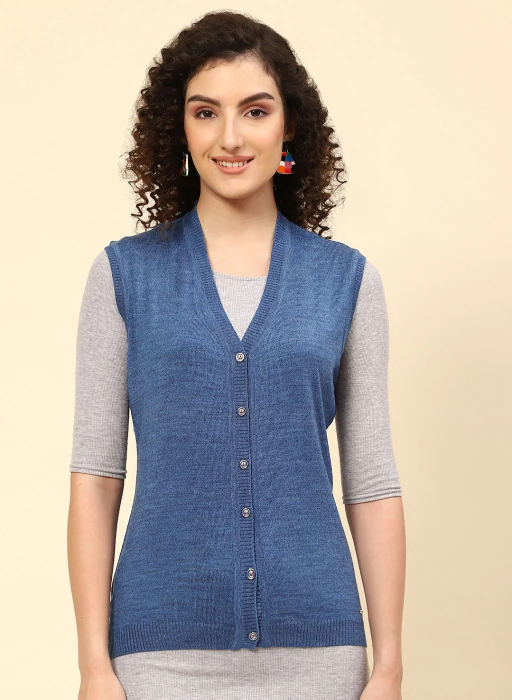 Women Blue Solid Wool blend Cardigan - Image 2