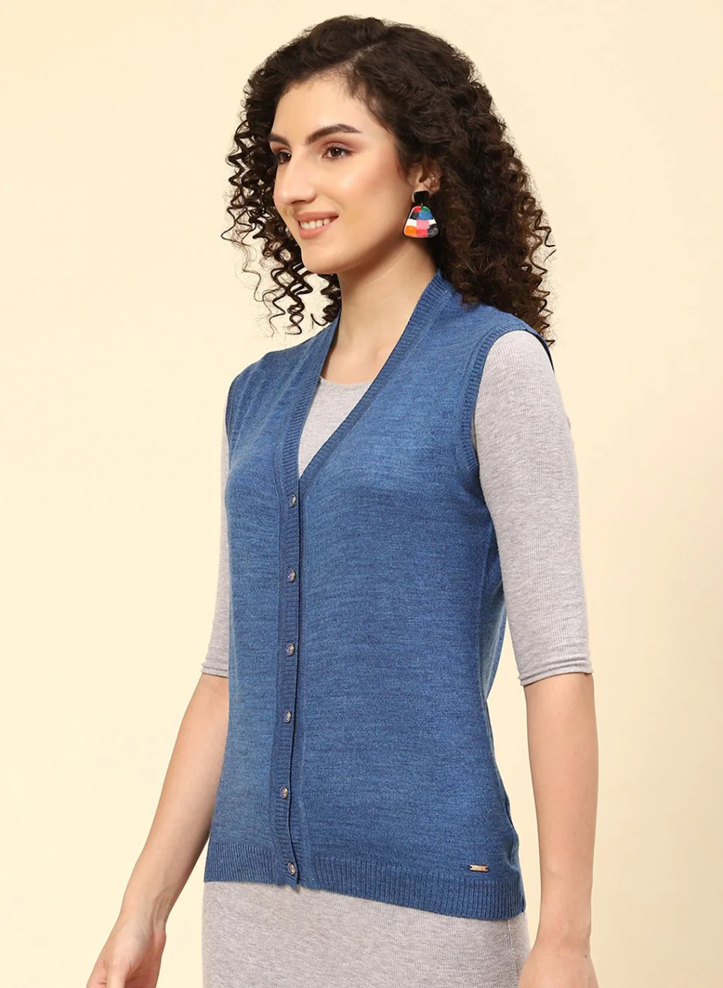 Women Blue Solid Wool blend Cardigan - Image 3