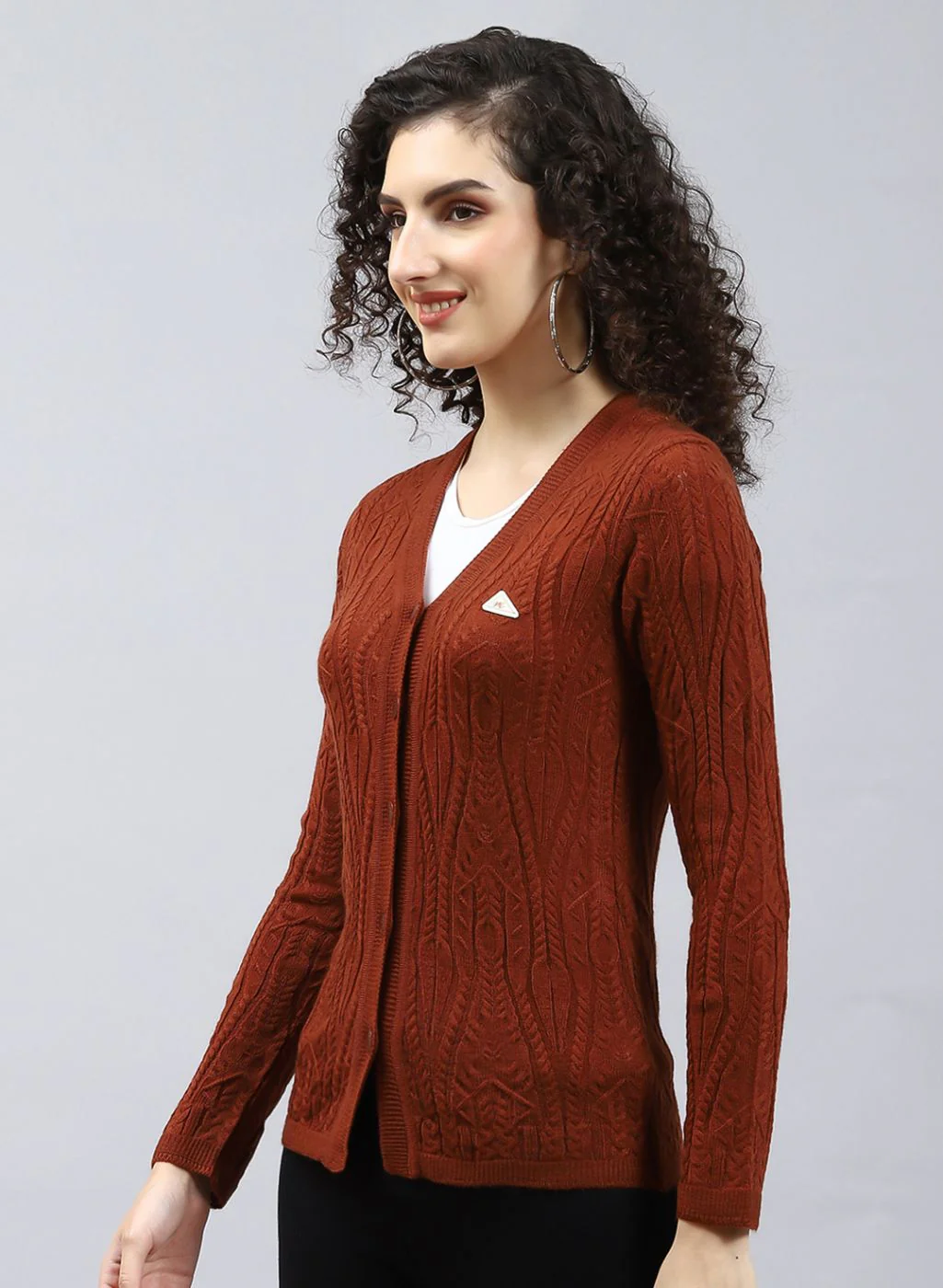 Women Brown Self Design Wool blend Cardigan - Image 3