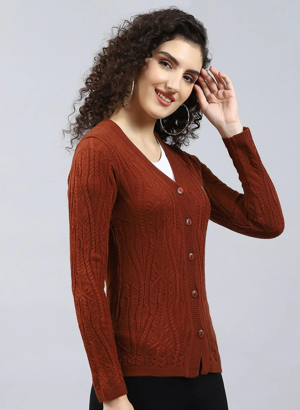 Women Brown Self Design Wool blend Cardigan - Image 4