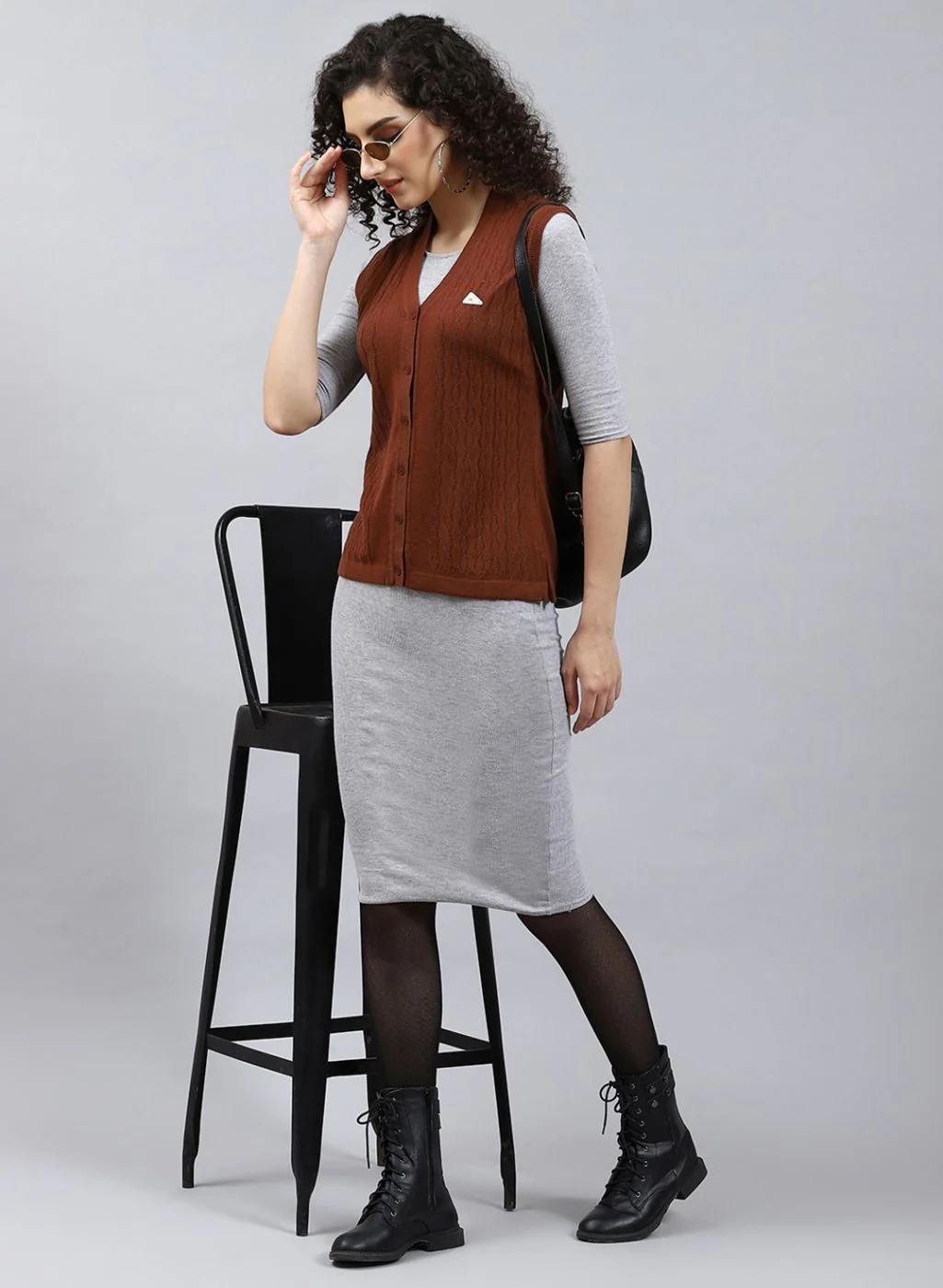 Women Brown Self Design Wool blend Cardigan