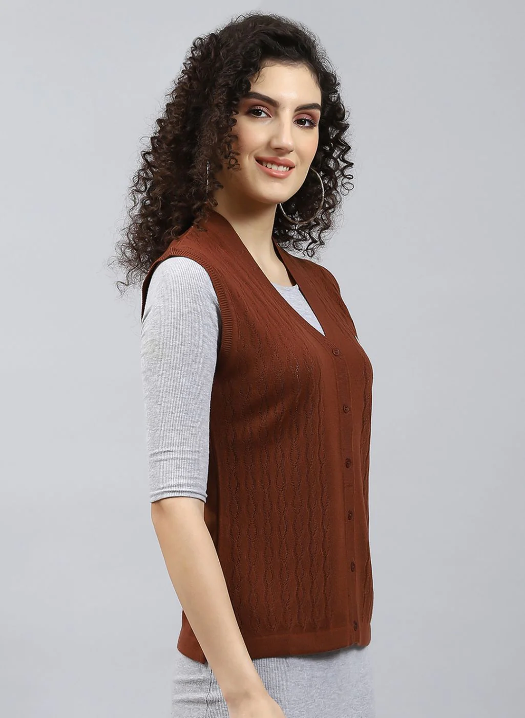Women Brown Self Design Wool blend Cardigan - Image 4