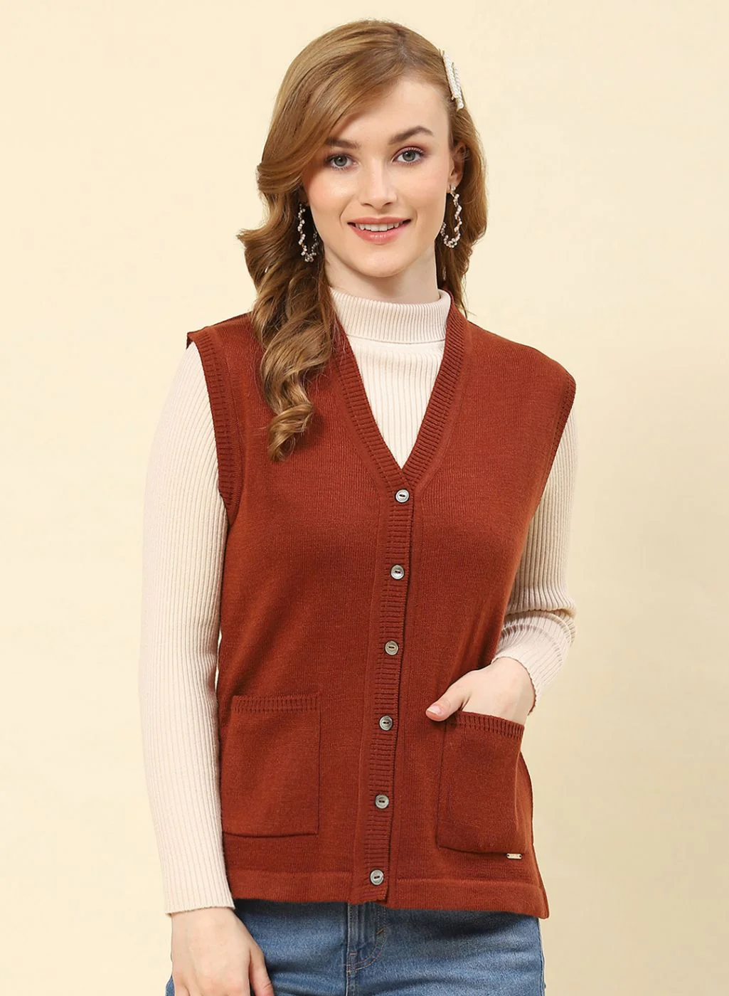 Women Brown Solid Blend wool Cardigan - Image 2