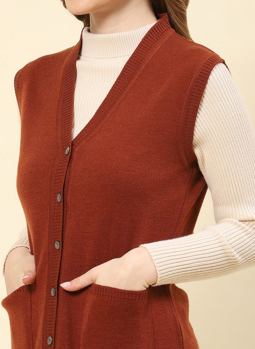 Women Brown Solid Blend wool Cardigan - Image 6