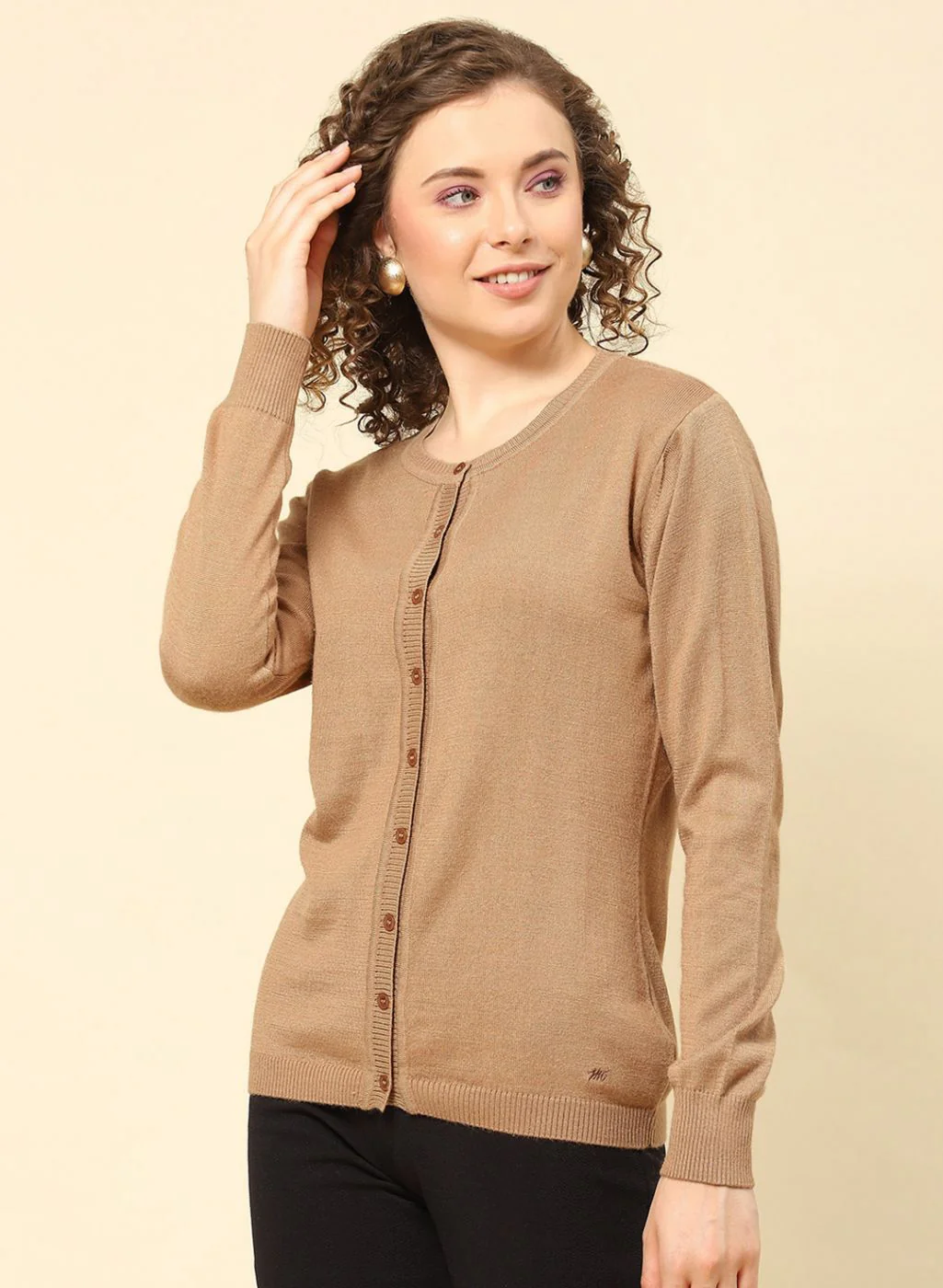 Women Brown Solid Modal Nylone Cardigan - Image 3