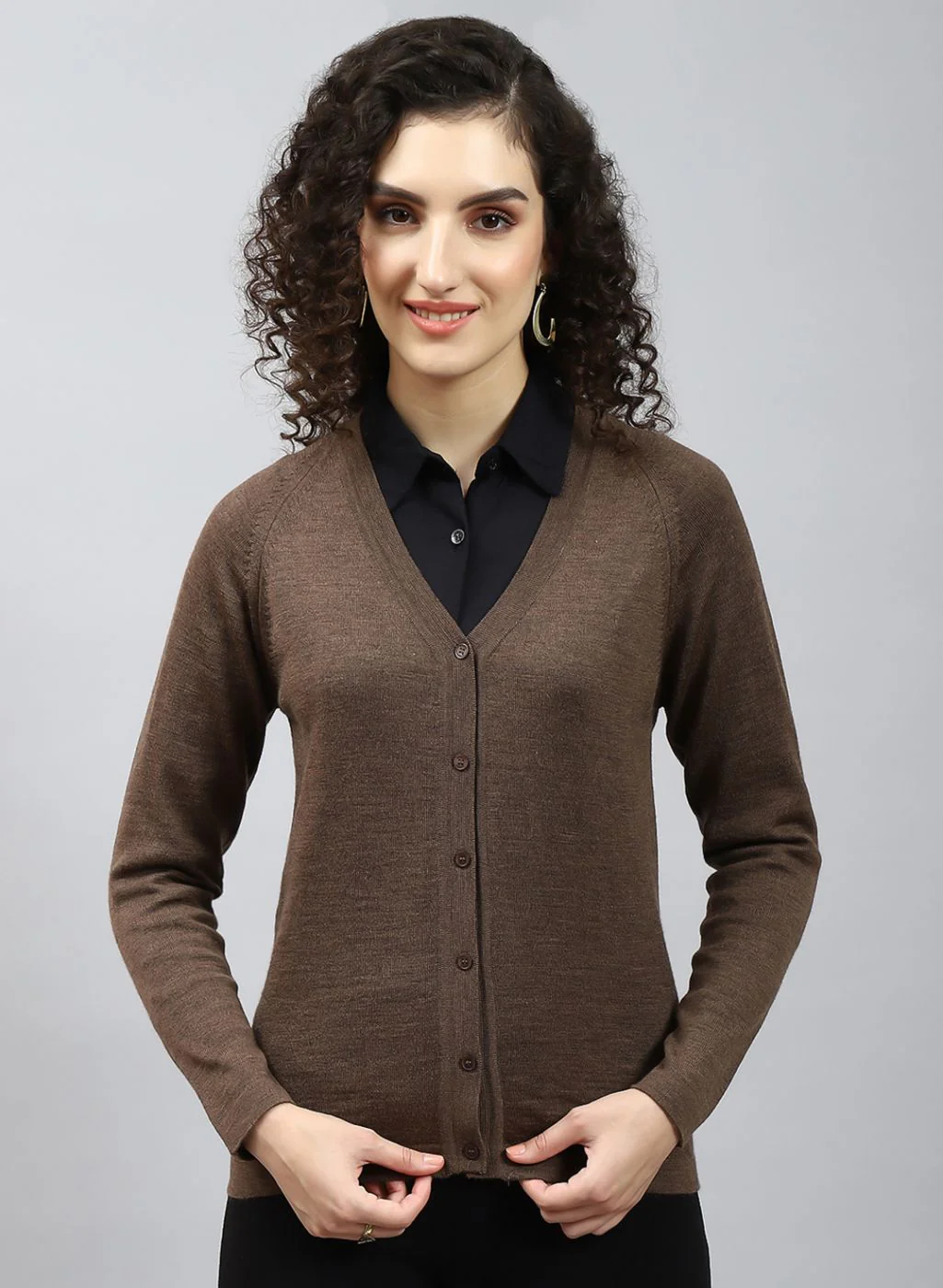 Women Brown Solid Pure wool Cardigan - Image 2