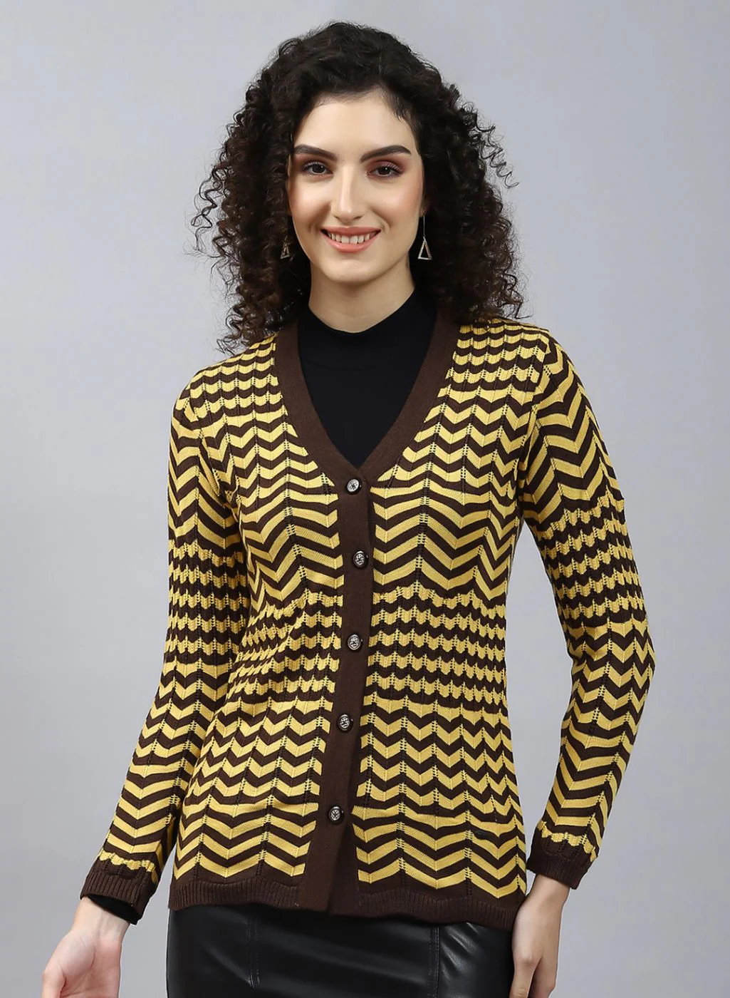 Women Brown Stripe Wool blend Cardigan - Image 2