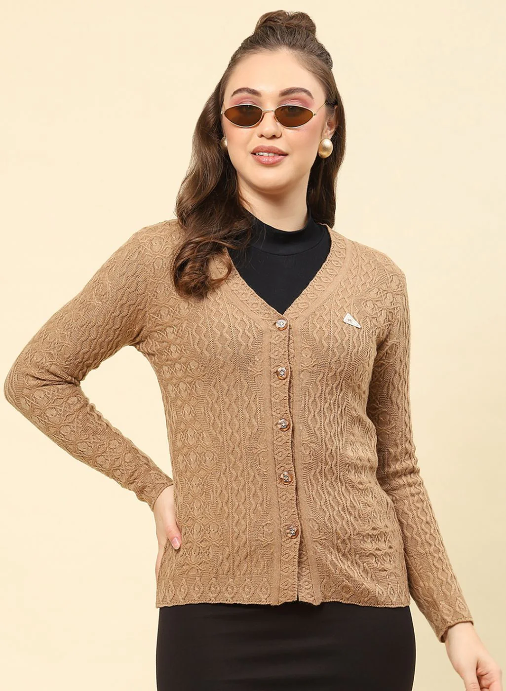 Women Camel Brown Self Design Blend wool Cardigan - Image 2