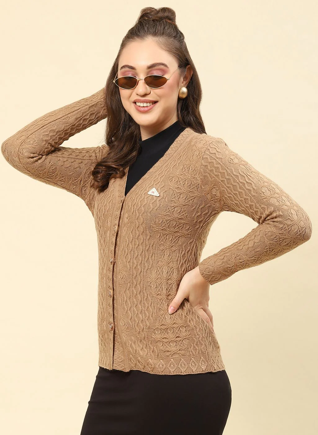 Women Camel Brown Self Design Blend wool Cardigan - Image 3