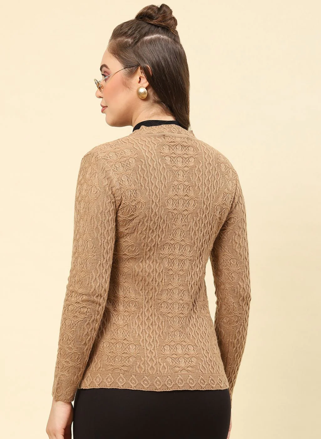 Women Camel Brown Self Design Blend wool Cardigan - Image 5