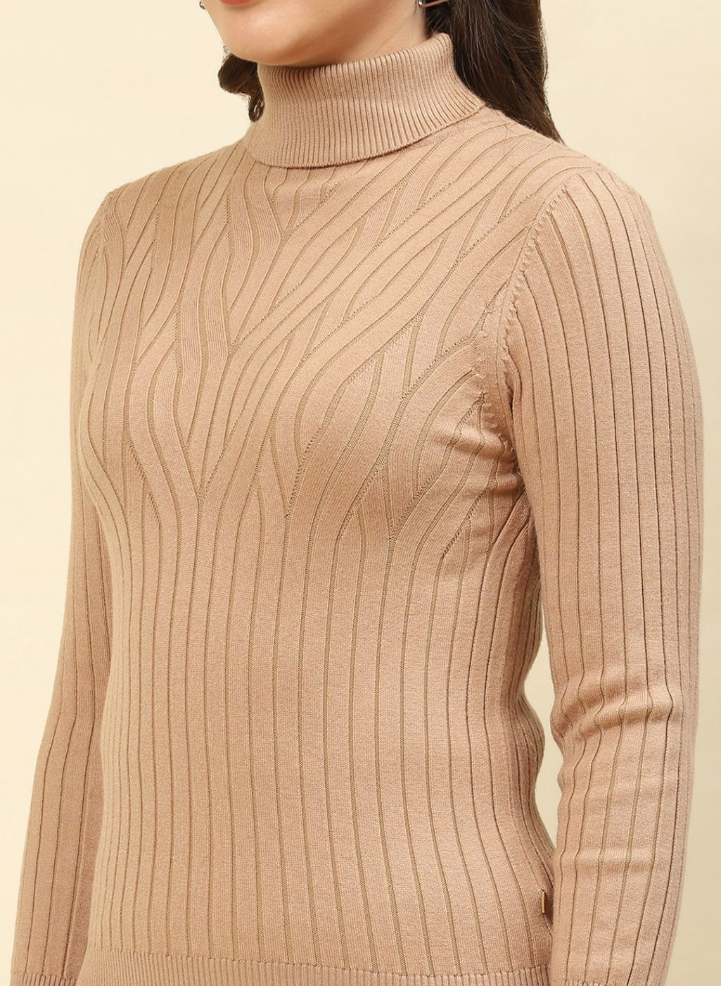 Women Camel Brown Self Design Blend wool Winter Top - Image 6
