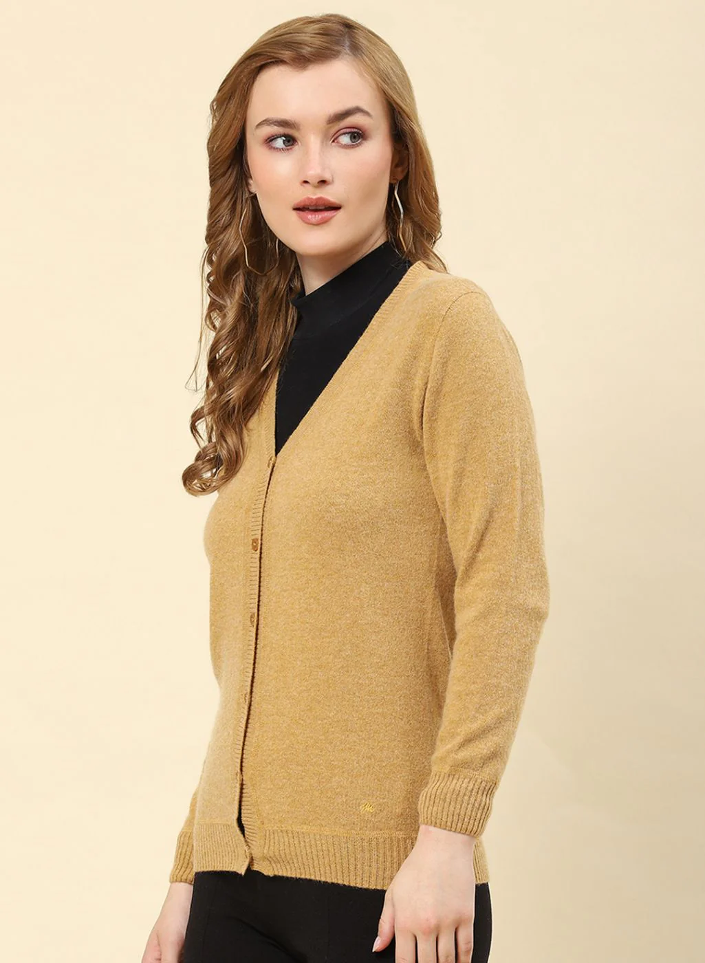 Women Camel Brown Solid Lamb wool Cardigan - Image 3