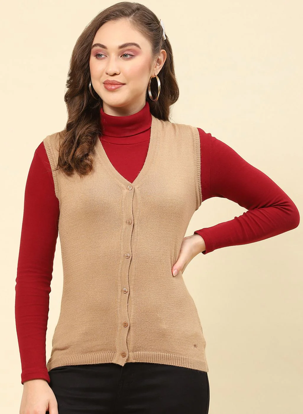Women Camel Brown Solid Modal Nylone Cardigan - Image 2