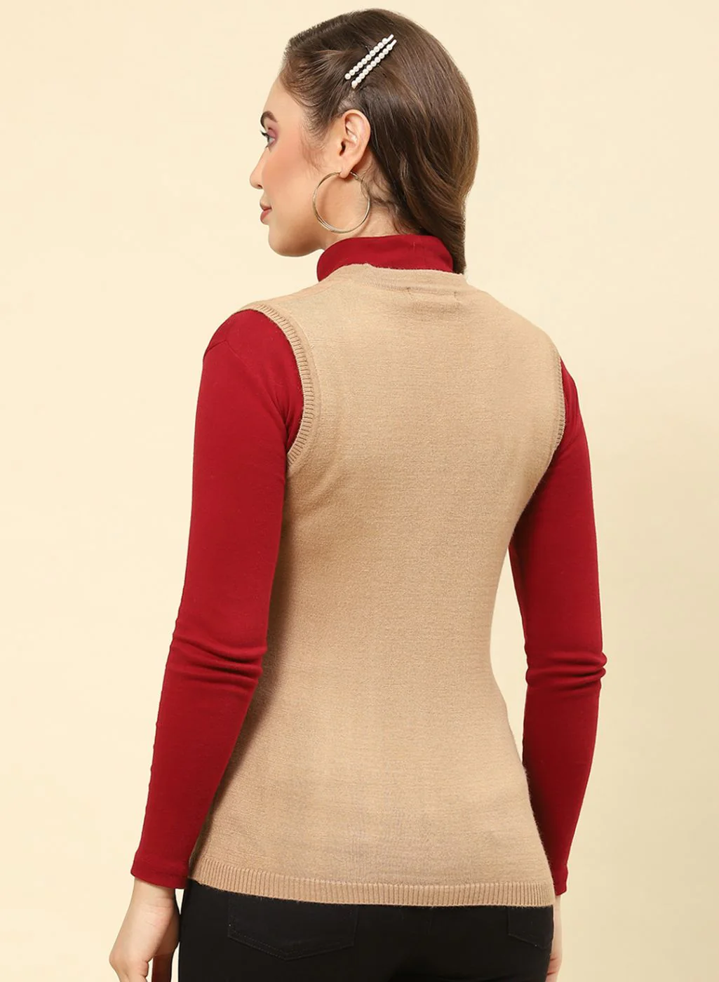 Women Camel Brown Solid Modal Nylone Cardigan - Image 5