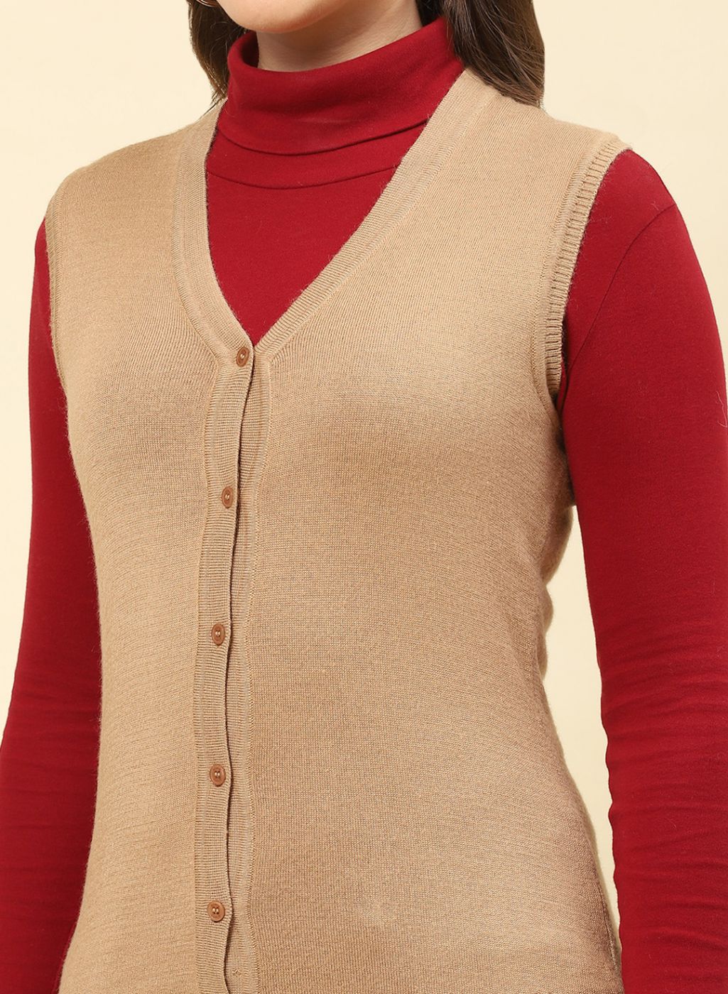Women Camel Brown Solid Modal Nylone Cardigan - Image 6