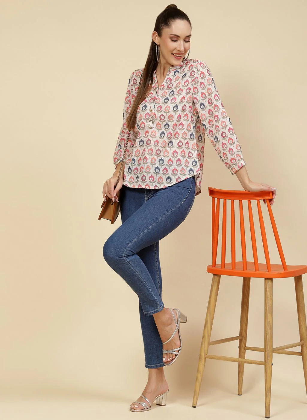 Women Cream Printed Top - Image 2