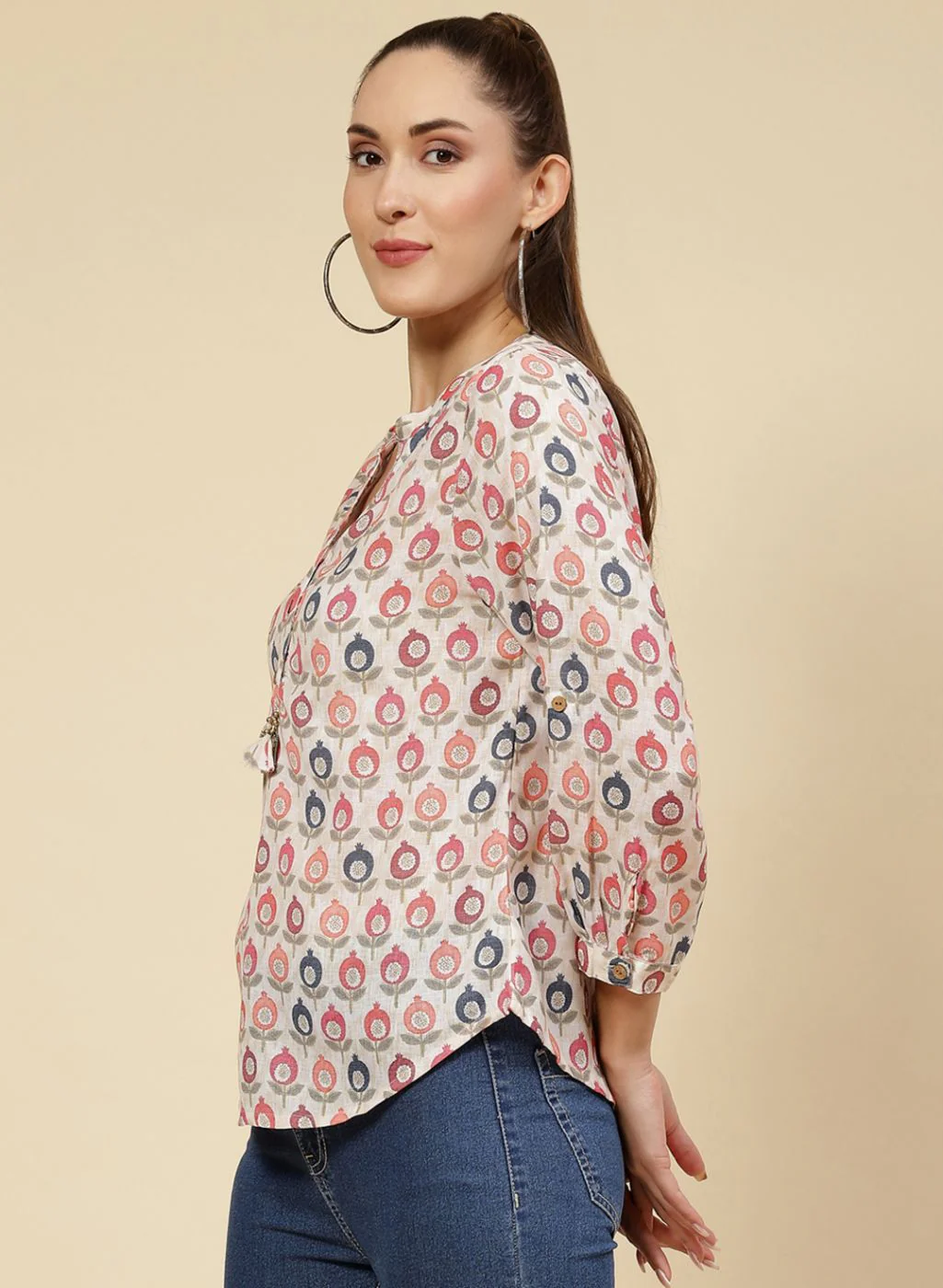 Women Cream Printed Top - Image 3