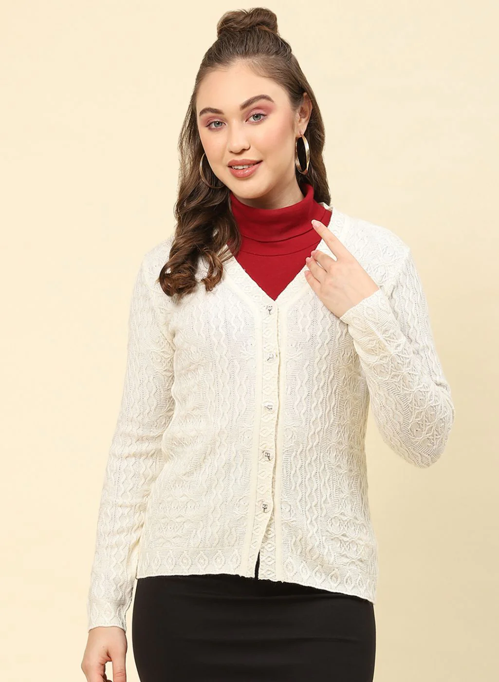 Women Cream Self Design Blend wool Cardigan - Image 2